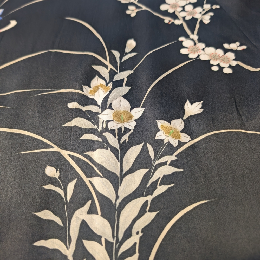 VTG 100% Silk Mid-Century Japanese Kimono Robe Navy Blue Floral Mid - Picture 5 of 8